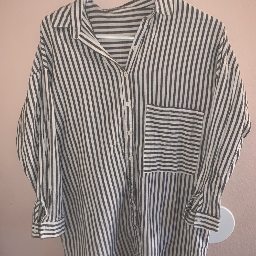 grey and white button down